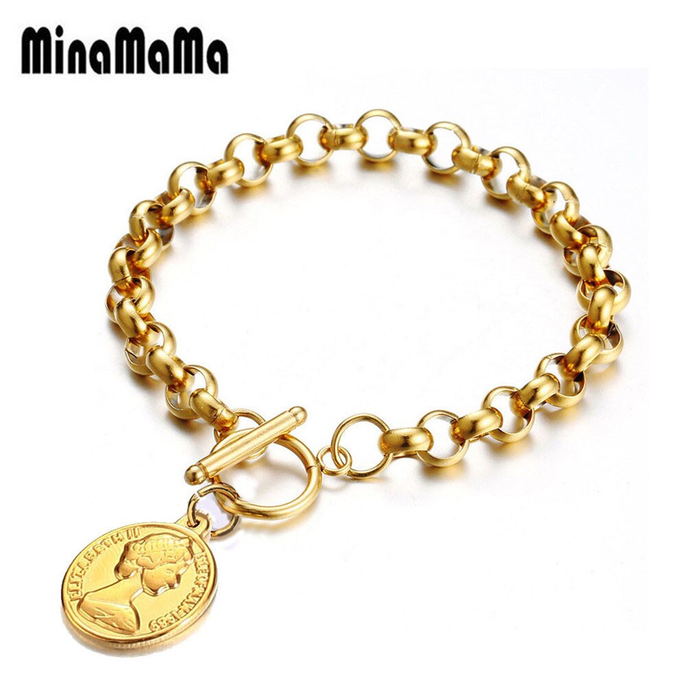 Moda ot fivela moeda beleza cabeça encantos pulseiras de aço inoxidável osso corrente link alternância pulseira para jóias femininas