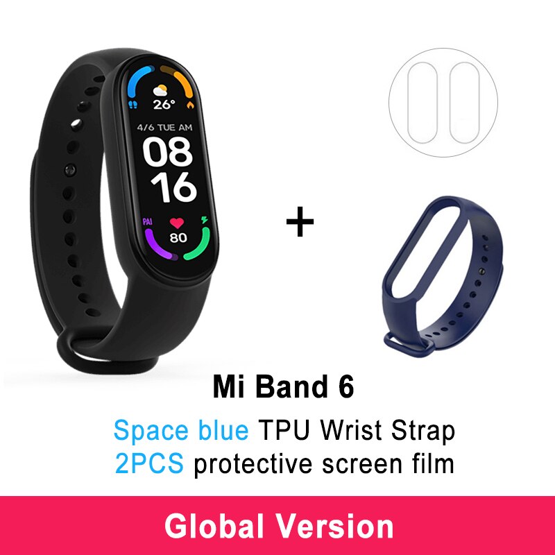 Xiaomi Mi Band 6 Smart Armband 5 Farbe AMOLED Blut Sauerstoff Smart band Fitness Traker Herz Rate Bluetooth Wasserdichte Miband 6: GB 2Flims BU