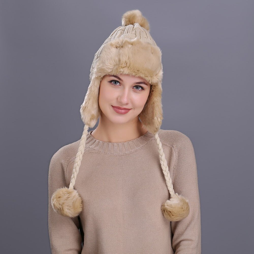 Warm Women Winter Hat With Ear Flaps Snow Ski Thick Knit Wool Beanie Cap Hat Keep Warm Solid Color Leisure Hats #T2G