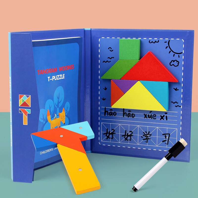 Magnetic 3D Puzzle Jigsaw Tangram Game Montessori Learning Educational Drawing Board Games Toy for Children Brain Tease: Deep Blue