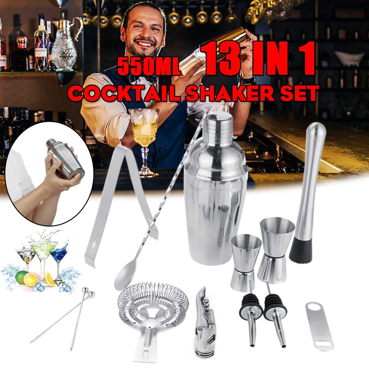 13 Stck 550 ML Edelstahl Bar Cocktail Shaker einstellen Werkzeug Rührgerät Trinken Barmann Browser Bausatz Riegel einstellen Werkzeuge Barmann werkzeug