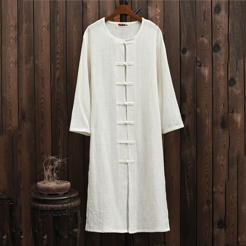 Chaqueta estilo Oriental chino para mujer, cárdigan, vestido bohemio suelto de manga larga, Kimono de lino, Vintage, Ropa de Tai Chi, Teaism, otoño: Blanco