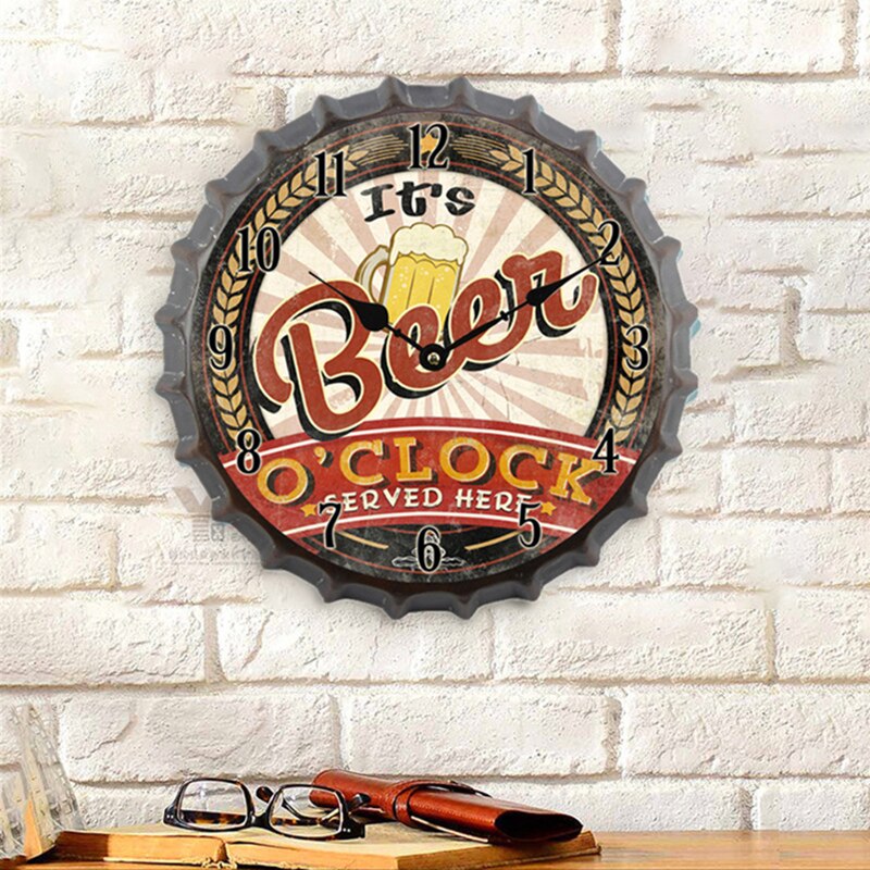 35cm Bottle Cap 3D Wall Clock Retro Beer Wine Modern Iron Metal Silent Quartz Clocks Bar Living Room Home Decor