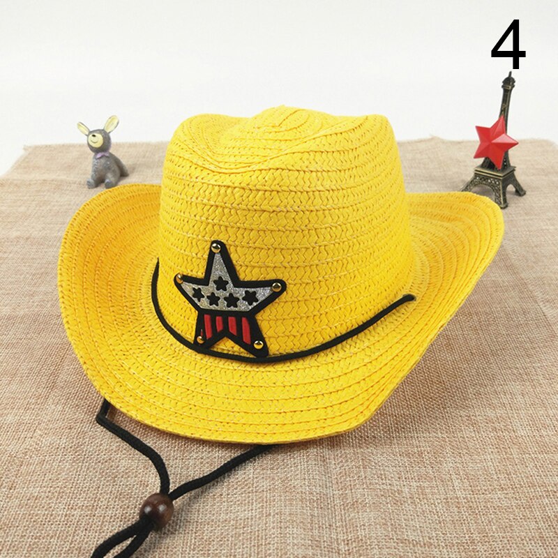 Sombrero de vaquero para niños Sombrero de Paja de verano sombrero de sol con parche de estrella de cinco puntas para niños y niñas: 4