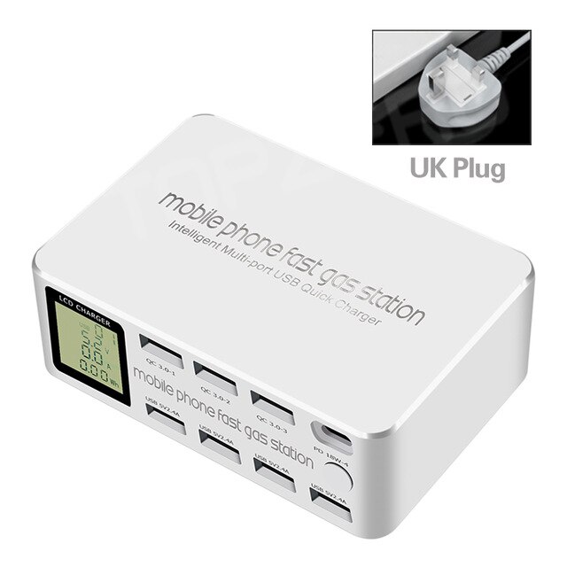 Cargador USB 100 de carga rápida con 8 puertos y pantalla LCD, adaptador HUB tipo C, PD, para iPhone, Huawei, Samsung y Xiaomi, 3,0 W: Reino Unido