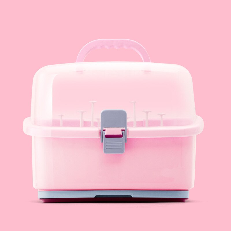 Baby sealed Portable Bottle Nursing Bottle Storage Box Portable plastic with drain tray bottle storage box: pink