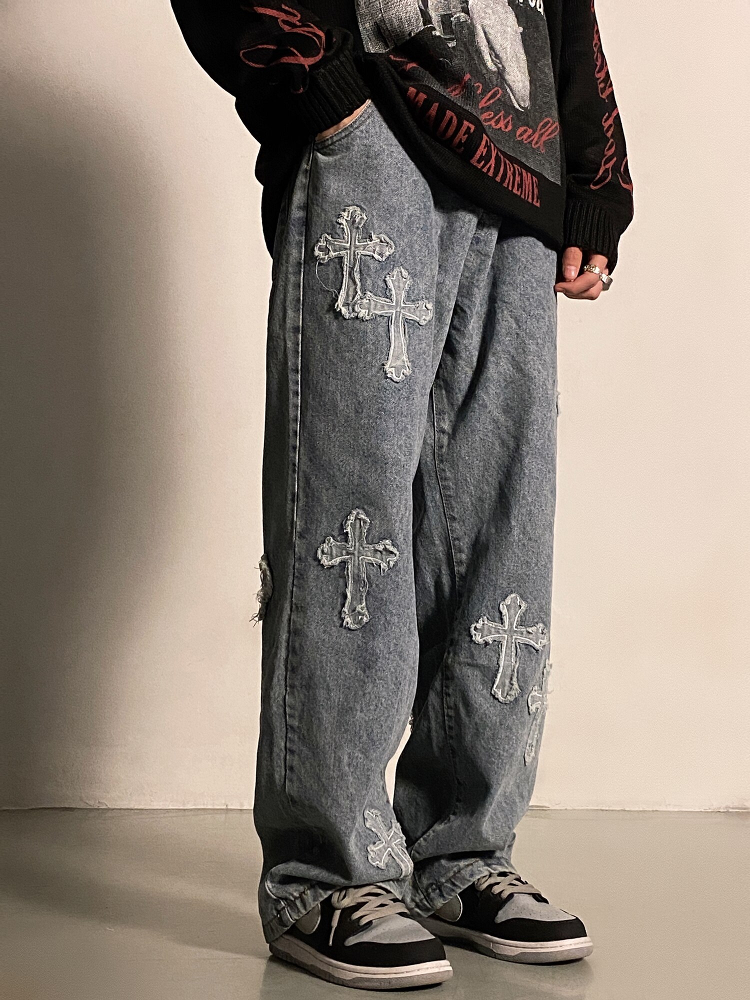 Men Wide-leg Pants Loose Lightning Print Tie Dye Denim Jeans Hip-hop Streetwear Rock Punk Casual Jeans Trousers
