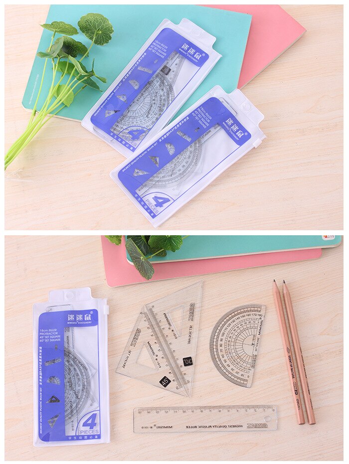 4Pcs/Pack 15cm Ruler Set Plastic Ruler Measuring Straight Ruler Triangle Ruler Tool Student Stationery E0363