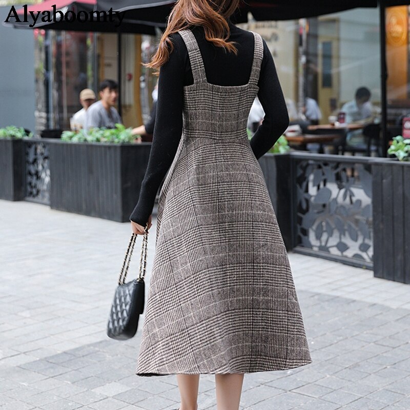 Vestido sin mangas por debajo de la rodilla para Mujer, estilo inglés, Otoño Invierno, Vintage, a cuadros, de lana, sin mangas, , cálido