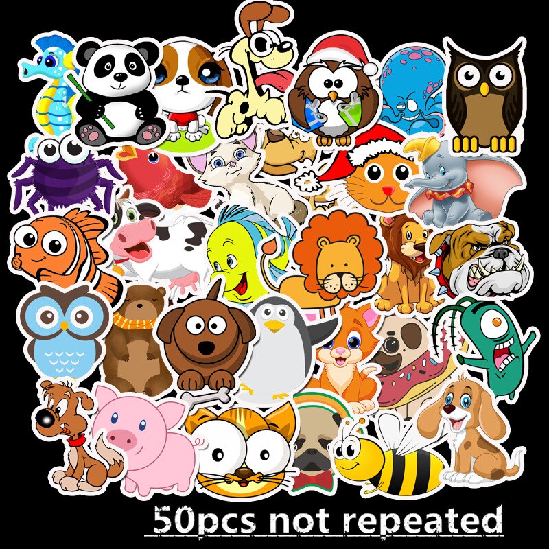 50pcs Cartoon Animal Waterproof Stickers For DIY Laptop Skateboard Refrigerator Decals Kids Children Toy