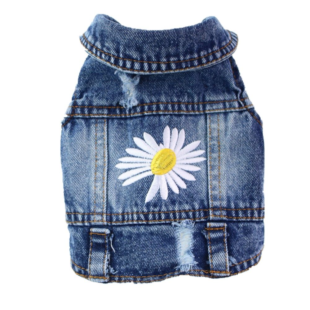 Chaqueta vaquera para perro y gato, chaleco con estampado bordado de flores, abrigo azul, ropa para cachorros, 6 tamaños
