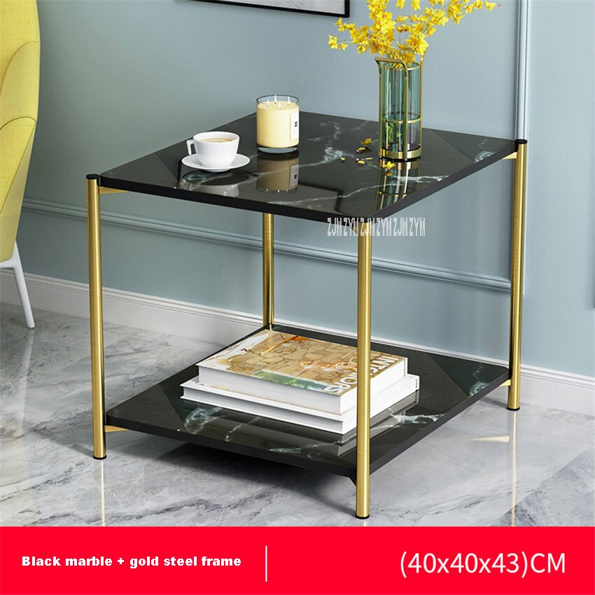 H88 pequeña mesa redonda de té de hierro, sofá Simple y moderno de doble capa, mesa de salón lateral, pequeña mesa de centro cuadrada de almacenamiento: square Black marble