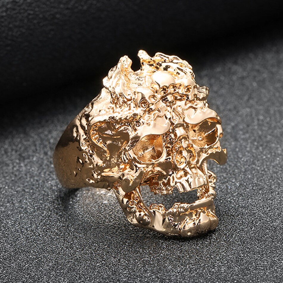 Liumo Punk Style Gold Black Color Dragon Skull Men Copper Alloy Biker Ring Lr533