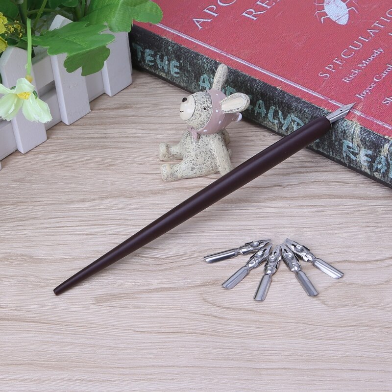 Wood English Calligraphy Pen Copperplate Script Oblique Dip Pen Holder + 5 Nib