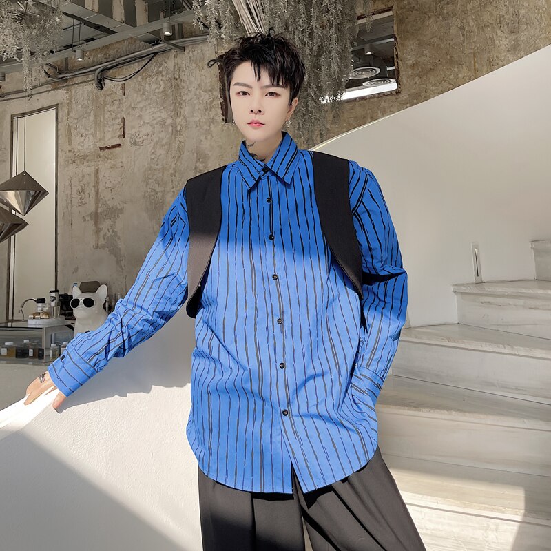Chaleco a rayas para hombre, camisa informal holgada de manga larga, ropa de calle de Japón, coreano, Cityboy, a la