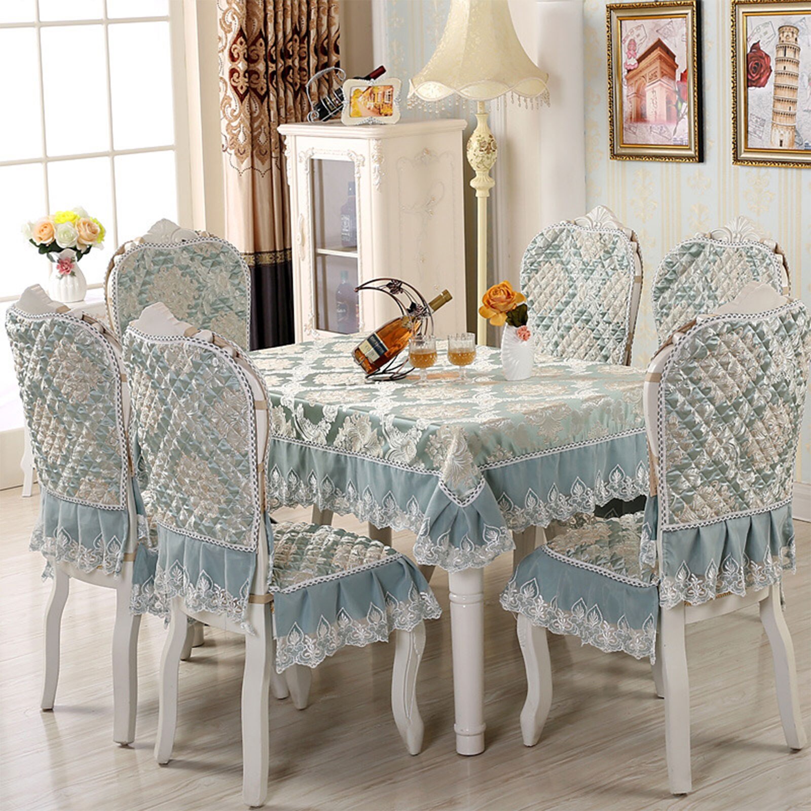 Europæisk stil spisebordsstolbetræk sæt spisestue tekstil blonder rektangulær dug blød tyk stolbetræk/hynde