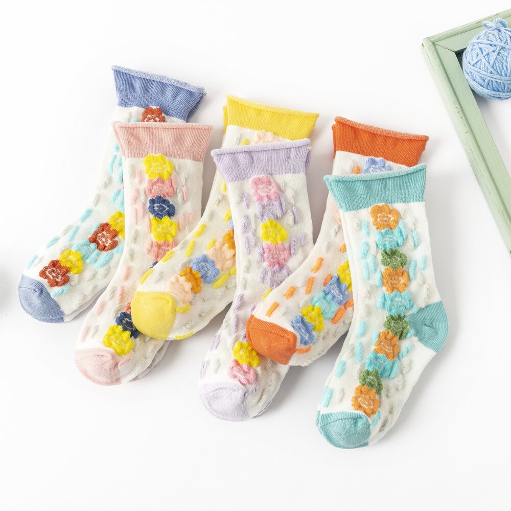 Calzini estivi a bolle per ragazze bordi arrotolati creativi Design fiori calzino per bambini calzino corto in morbido cotone traspirante per bambini 3 paia