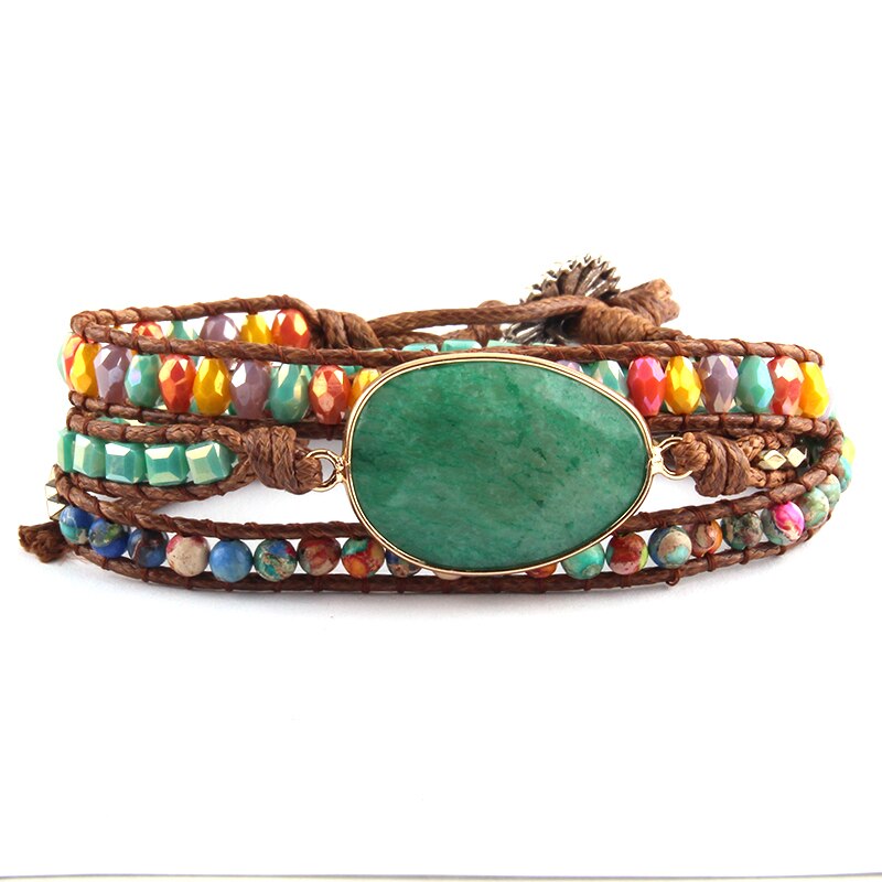 RH Beaded Armbander Green/Purple Natural Stones Charm 3 Strands Leather Wrap Bracelets: Green