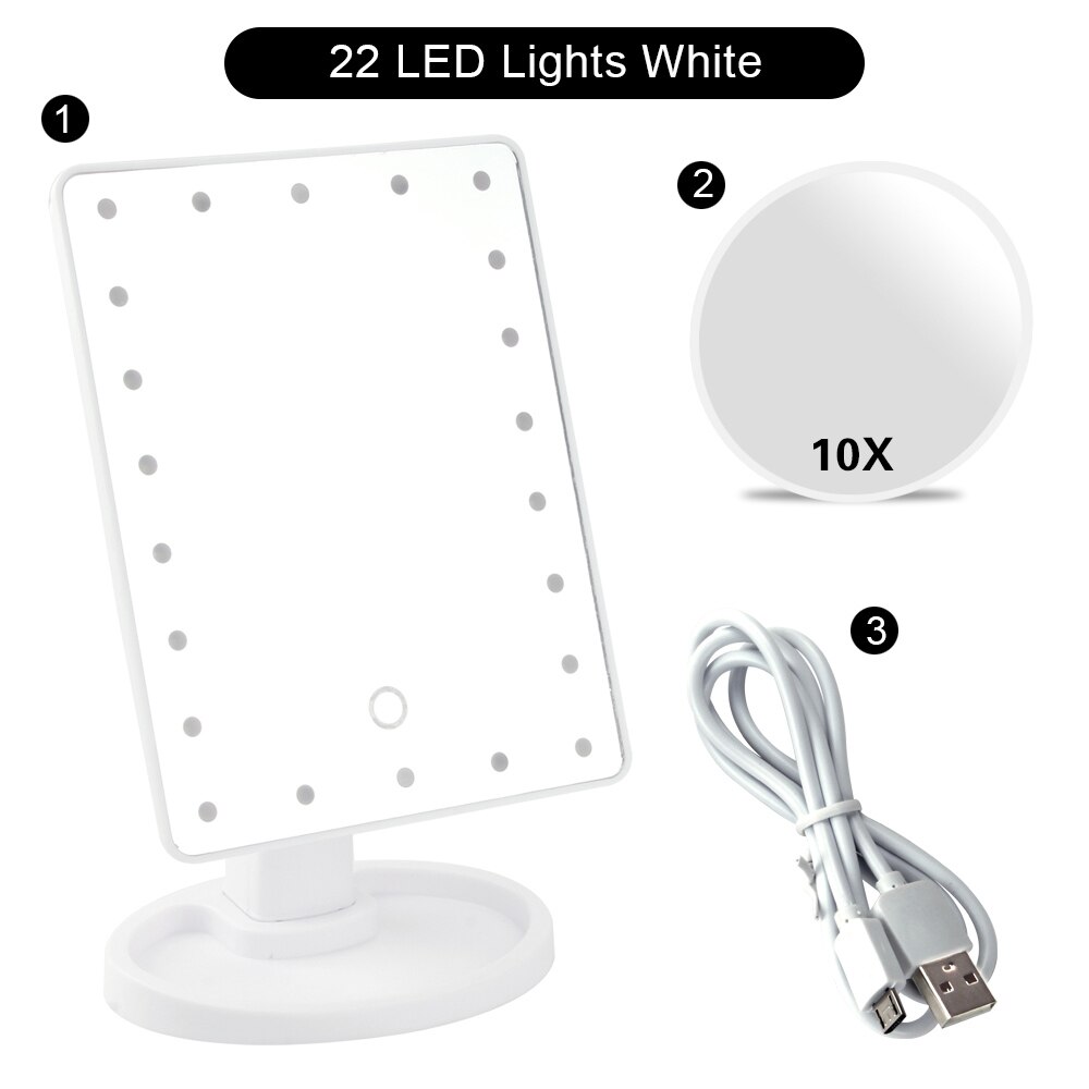 Led makeup spejl forstørrelsesglas 22 lys makeup spejl 1/2/3/10x kosmetisk oplyste spejle justerbart touch lysdæmper bord: Wh 22 lyssæt a