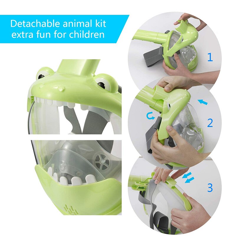 Hel ansikts barn snorkel mask vikbar 180 graders panoramautsikt snorkling mask anti dimma anti läckage snorkel