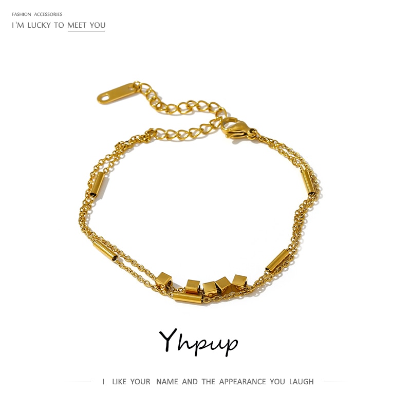 Yhpup Exquisite Stainless Steel Geometric Bangle Bracelet for Women Gold Color Metal Wrist Bracelet Wedding