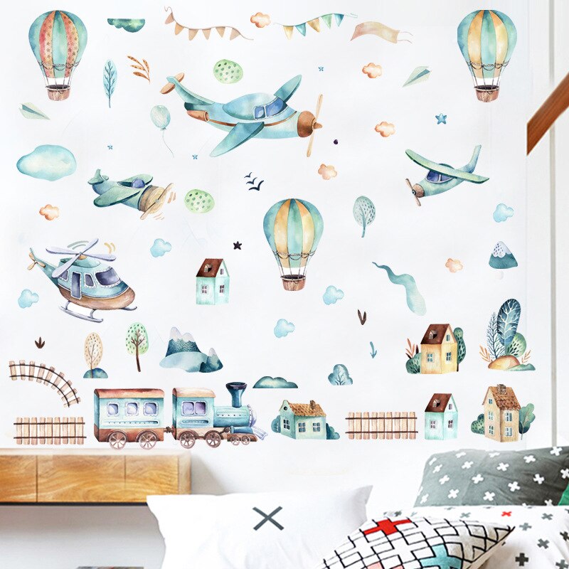 Handgeschilderde Luchtballon Trein Muursticker Voor Kinderkamer Kinderkamer Decoratie Diy Art Waterdicht Sticker home Decor