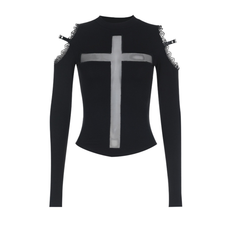 Gotisk t-shirt til kvinder streetwear harajuku fairycore grunge  y2k e-girl blonde patchwork krydsnet langærmet t-shirt