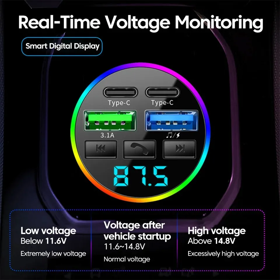 Bluetooth 5.0 FM-zender Autolader Adapter 3.1A Dual USB Autolader met digitaal display Handsfree MP3-muziekspeler
