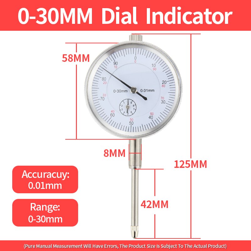 0.01mm Resolution Dial indicator Magnetic table Holder stand Dial Gauge Universal Magnetic Stand Base Indicator Measurement Tool: 30mm Dial Indicator
