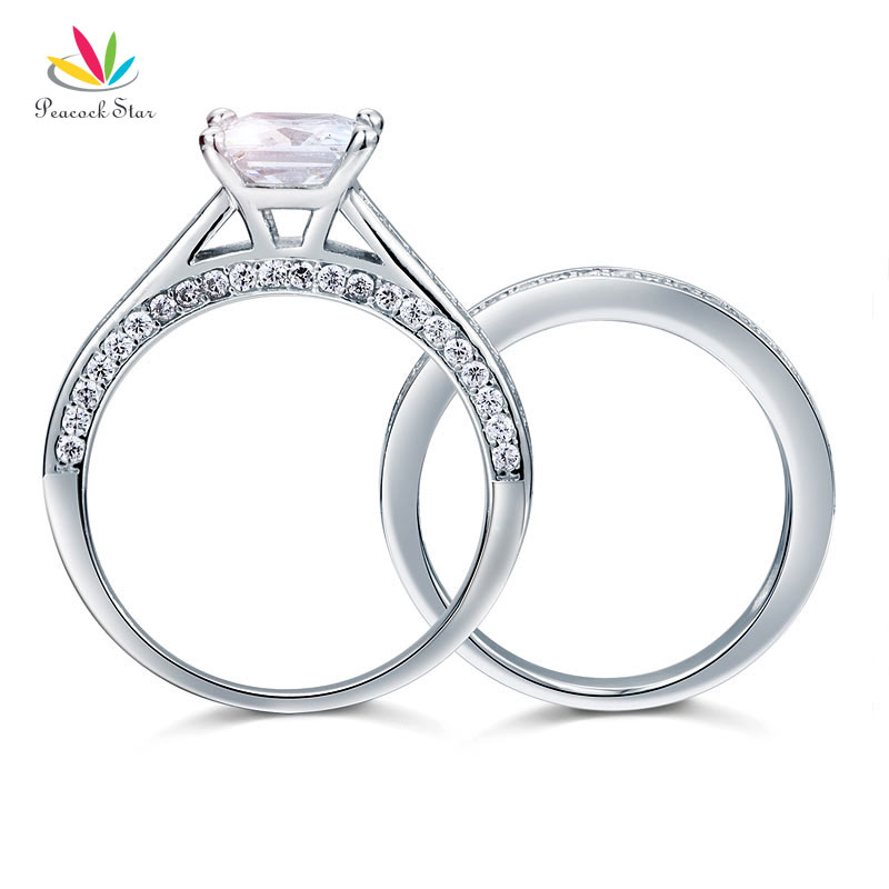 Peacock Star 1.5 Ct Princess Cut Solid 925 Sterling Silver 2-Pcs Wedding Promise Engagement Ring Set CFR8009S