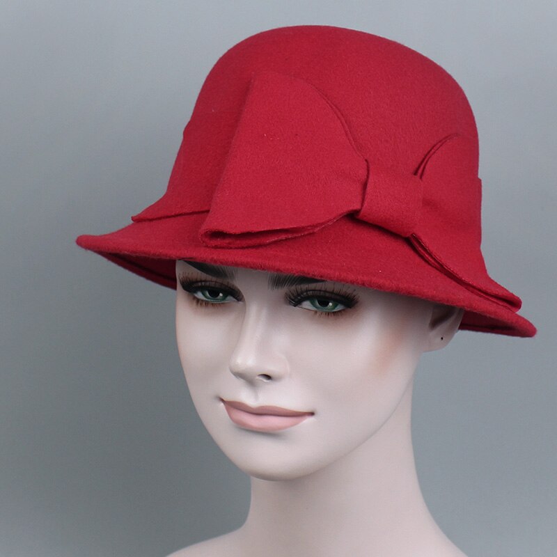 Merk retro dames dames fedora's top jazz hoed winter herfst pet katoen imitatie wollen bolhoeden ronde strik petten: Rood