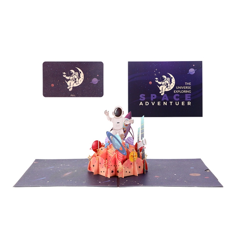 Z kreskówkowym motywem kosmosu powitanie kartka okolicznościowa z kopertą 3D astronauta rakieta planeta gwiazda składany zabawny rzeźba błogosławieństwo papier prezentowy
