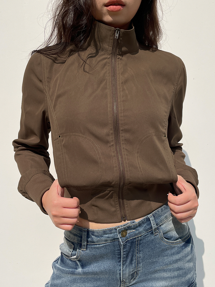 Braune Reiß verschluss Stand Kragen Taschen Langarm Ladung Jacken Frauen Jahrgang lässig Streetwear
