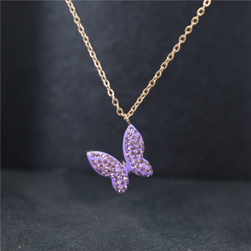 Unique Stainless Steel Gold Chain CZ Blue Butterfly Necklace For Women Bijoux Femme Pineapple Choker Necklaces Birthday BFF: Rose Gold Purple 1