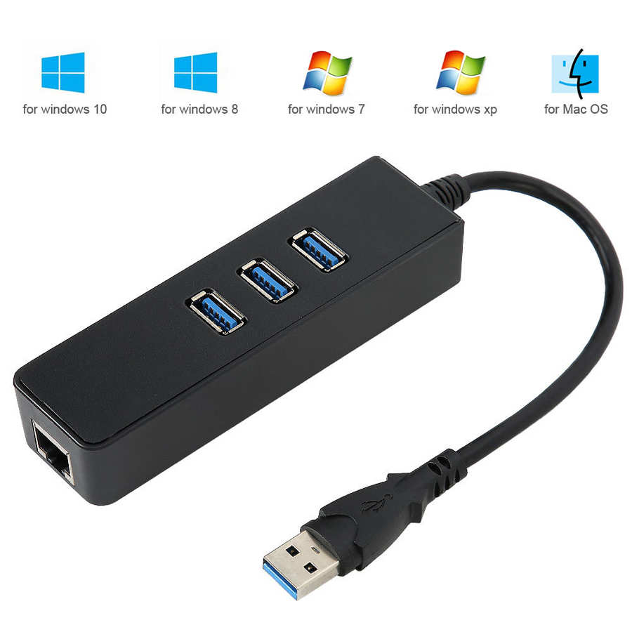 Ethernet Adapter Hub 3-Port USB 3.0 Gigabit Ethernet Lan RJ45 Port 1000Mbps for Windows Network Adapter