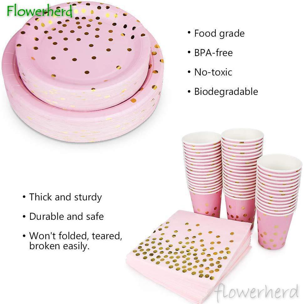 Pink Party Supplies Set Dinnerware Set Disposable Dots Paper Plates Napkins Cups Fork Knives Spoon Baby Shower Birthday Wedding