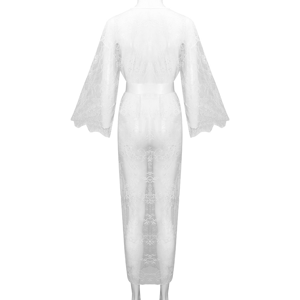 Lace Robe Sexy Nachtkleding Vrouwen See Through Lange Gewaad Nachtkleding Nachtkleding Gown Badjas Nightdres Wit