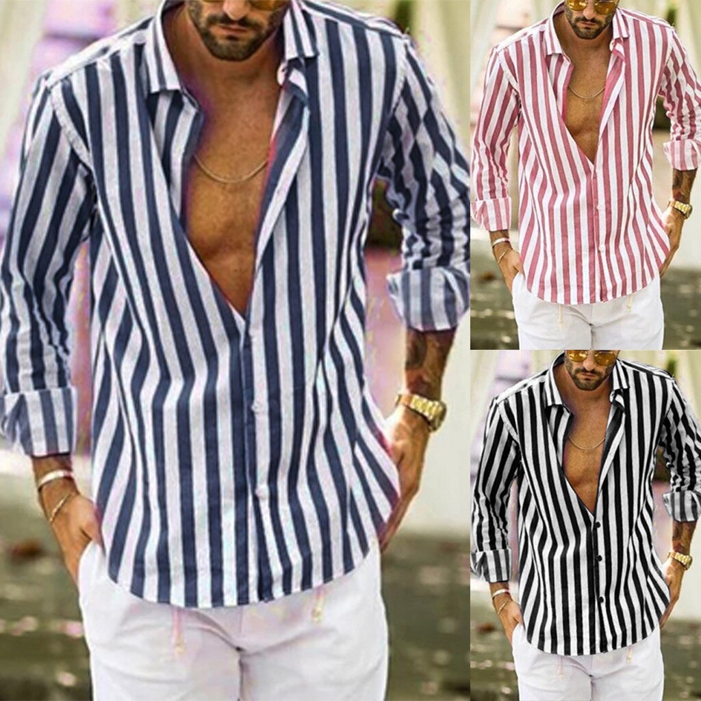 Men Fashio Vertical Striped Slim Fit Long Sleeve Casual Button Down Dress Shirts