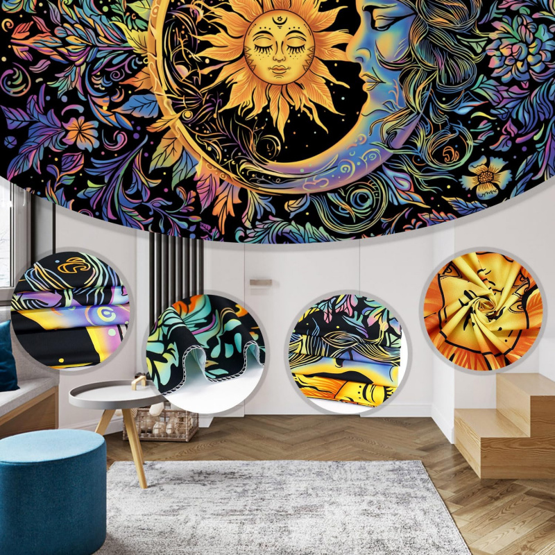 VIKAMA Sun And Moon Tapestry, Psychedelic And Mysterious Flower Tapestry, Hippie Bohemian Flower Plant Wall Tapestry