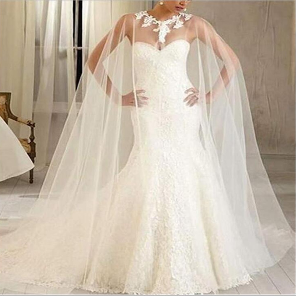 Appliques Braut Kap Mantel Lange Tüll Bodenlangen Hochzeit Jacke Weiß Elfenbein Braut wickeln Hochzeit Zubehör