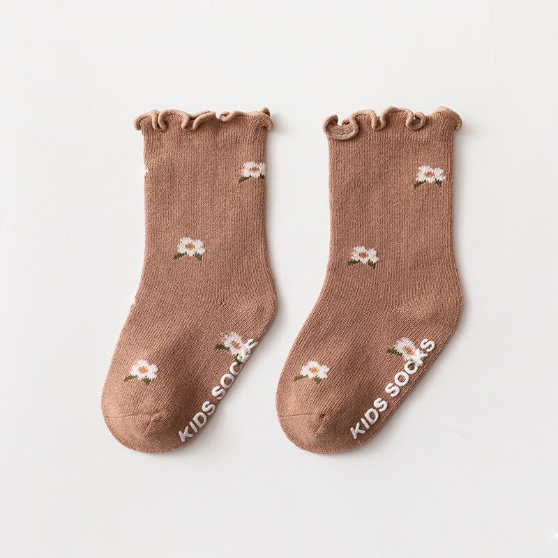 Calcetines de algodón suave con encaje rizado para bebé, medias de silicona con estampado de flores bonitas, antideslizantes para otoño e invierno, para recién nacidos, artículos para niños de 0 a 5 años: 5 / M 1-3 years old