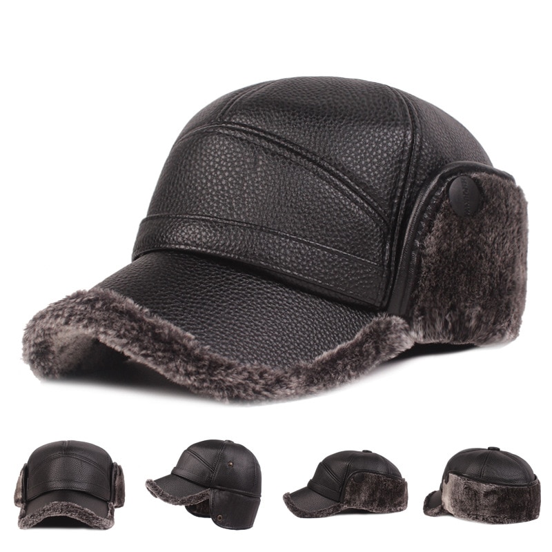 Winter Warm Mens Leather Cap Warm Baseball Cap with Ear Flaps Thick Fur Caps for Winter Bomber Hats PU Leather Man Hat