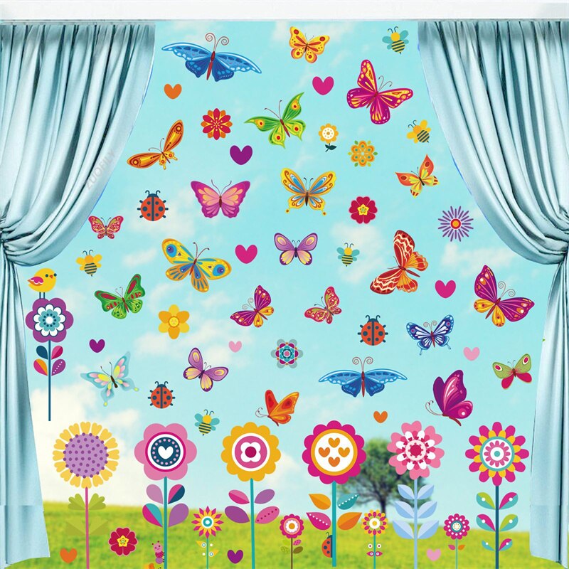 Pegatinas electrostáticas para ventana, 9 piezas, pequeñas flores, mariposa, primavera de bienvenida, espejo de puerta de cristal, pegatinas de decoración de flores