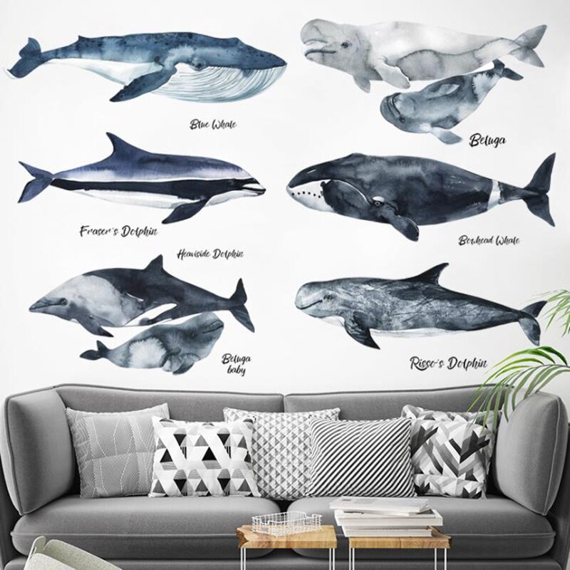 DIY Cartoon Ocean Animals Whale Dolphin Sharks Wall Stickers for Kid's Room Decor Bedroom Bathroom Decoration art Mural Decals