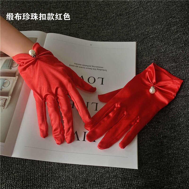Guantes feminino transparente preto branco champanhe malha tule luvas clube festa dança sheer luva nupcial casamento cetim luvas: Red Satin