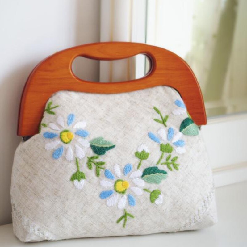 Angelatracy Borduurwerk Handtas Vrouwen Handgemaakte Tote Bloemen Boekentassen Kamille Koreaanse Bloemen Tassen Vintage Houten Schoudertas