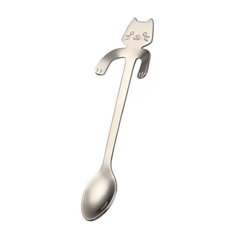 2Pcs Stainless Steel Teaspoons Mini Cat Kitten Spoons Coffee Tea Dessert Spoon Drink Mixing Milkshake Spoon Tableware Set: Silver (2Pcs)