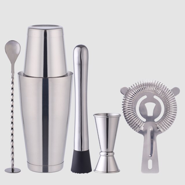OAPE-Coctelera de acero inoxidable Boston, accesorios para camarero, barra de soporte de madera de bambú, 28oz, 600/800ml: Shiny 6pcs