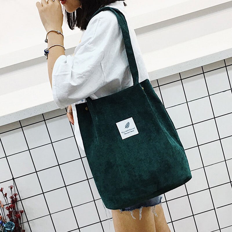 Women Canvas Tote Bag Corduroy Shopping Female Eco Cloth Handbag Big Women Folding Shoulder Reusable Foldable Shopper Bags: Dark green