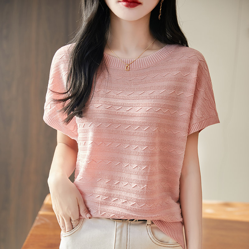 Summer women's T-shirt Lyocell knitted short sleeved casual striped Tees loose round neck Tops Blouse
